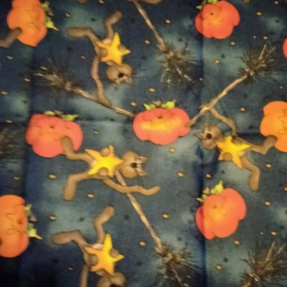 Halloween Material Pumpkin Cat Witches Broom Fabric Remnant Craft Quilt 30x13 in - Picture 1 of 3